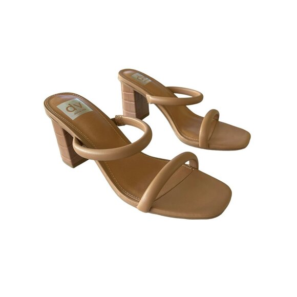 Anthropologie DV Dolce Vita Halsey Strappy Slip On Sandals Block Heels 7.5 Tan - Picture 1 of 7